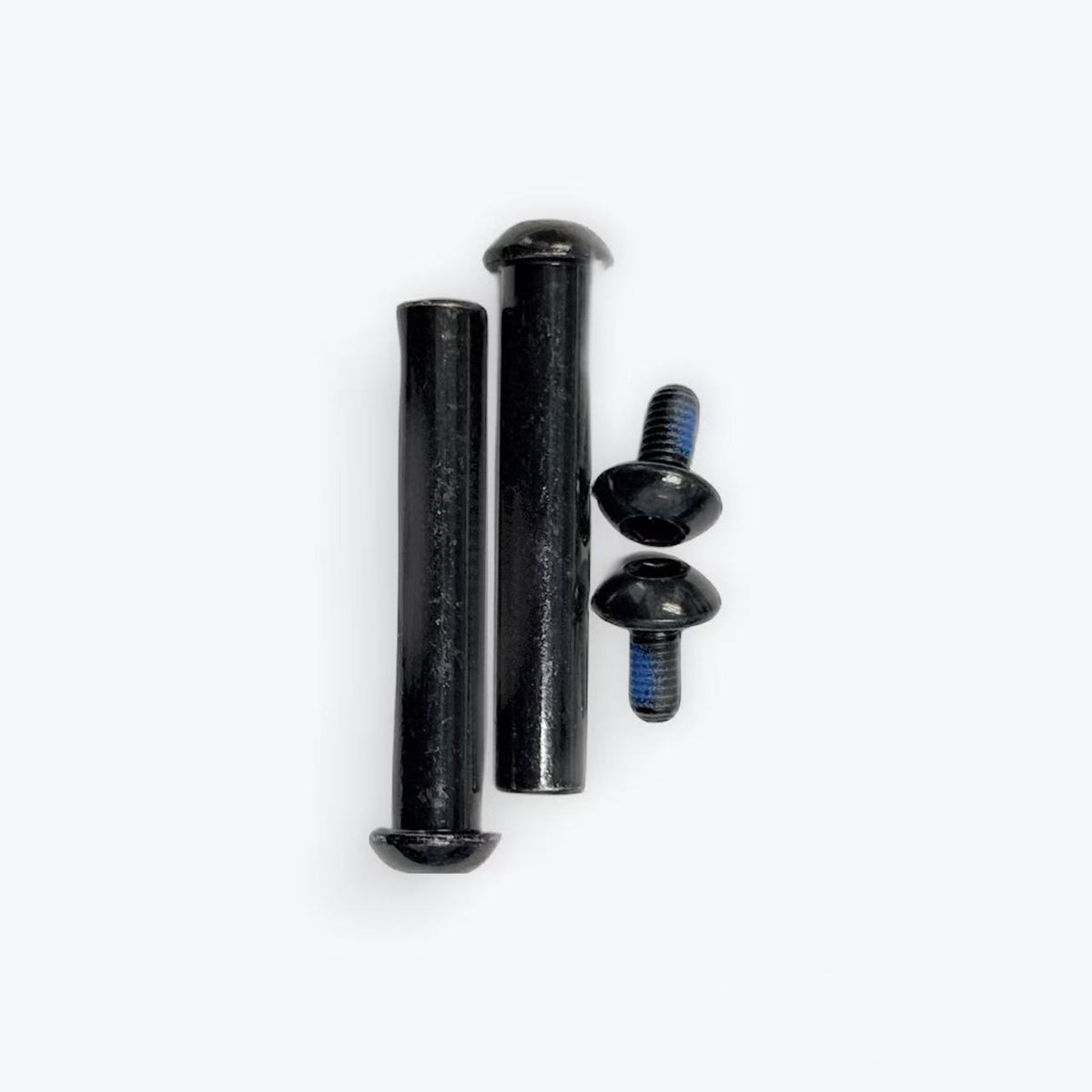 A set of black metal hardware screws and rivets on a plain white background.