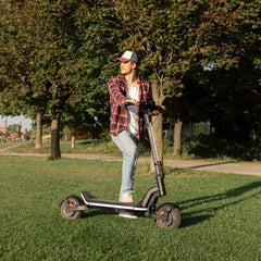 Person standing on an electric scooter in a park during sunset.