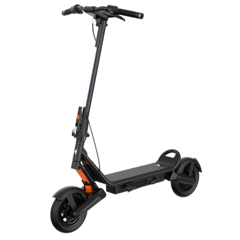 Black electric scooter with orange accents on a white background