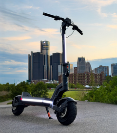 Black Apollo electric scooter parked on a path with a city skyline in the background.