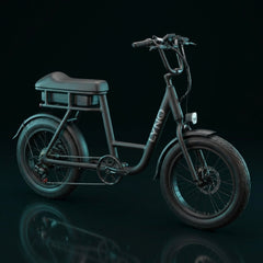 Matte black Lynq electric bike with a bench seat on a dark background.
